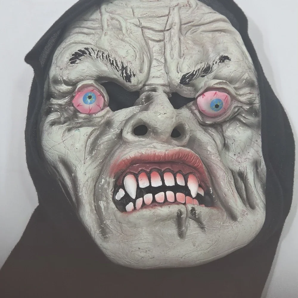 Vintage 4 Seasons Night Reaper Hooded Latex Mask Halloween Ghoul Vampire Fangs